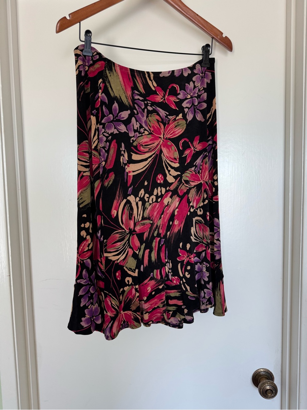Vintage Floral A-Line Midi Skirt in Black with Pink & Purple Floral Print